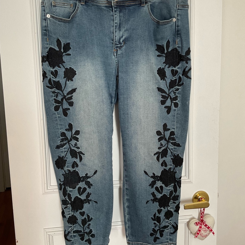 Love & Legend Blue Ankle Cropped Jeans with Black Embroidery
